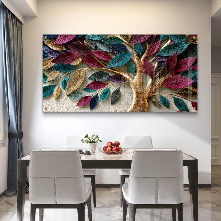 תמונת זכוכית רחבה עם עיצוב עץ זהוב ועלים בגווני טורקיז, בורדו, זהב וכחול – מראה יוקרתי ועשיר