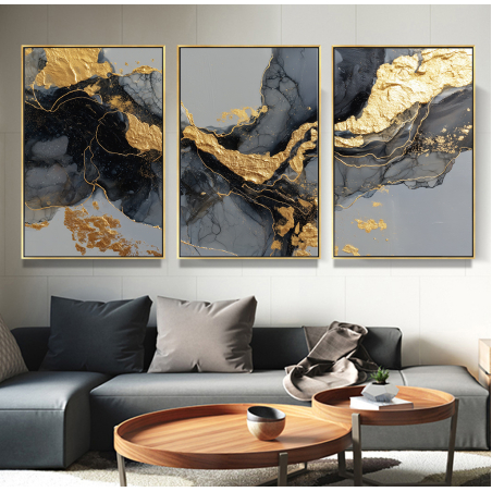 שלוש תמונות קנבס בגווני שחור, אפור וזהב בסגנון מופשט ואלגנטי