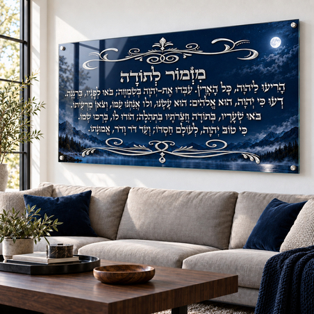 מזמור לתודה בלילה כחול מול אגם והרים – תמונת זכוכית יהודית | דגם RG8994