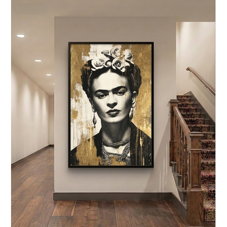דיוקן זהב פרידה קאלו מונוכרומטי – תמונת קנבס אישה בשחור לבן וזהב | DC4472