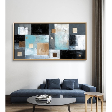 CK7121 — תמונת קנבס אבסטרקטית עם בלוקים גיאומטריים בגווני תכלת, שחור ובז׳