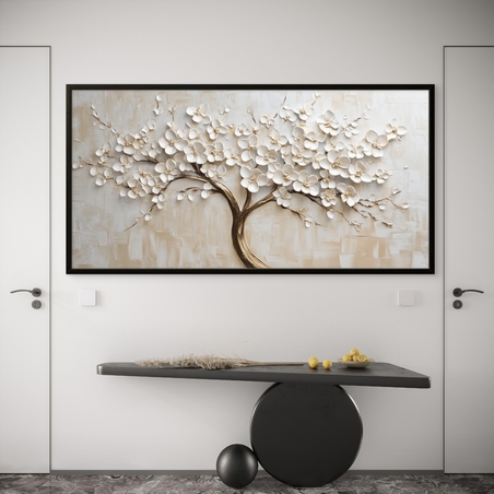 תמונת קנבס של עץ פורח בגווני בז’ ולבן עם הדפסה חלקה ואיכותית – מתוך קולקציית NEXTGEN BY BAR של תכשיט לבית.