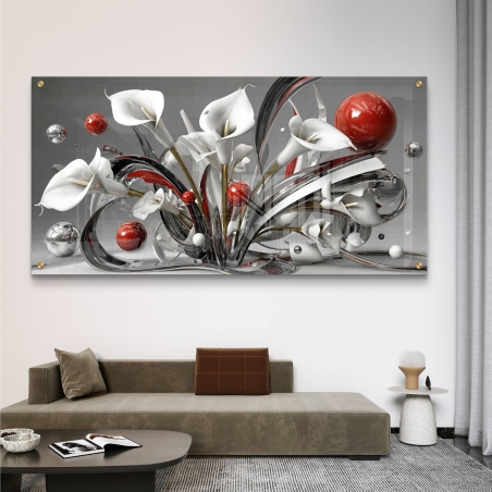 תמונת זכוכית לרוחב עם פרחי שושן לבנים וכדורים אדומים על רקע אפור, עיצוב יוקרתי מבית תכשיט לבית.