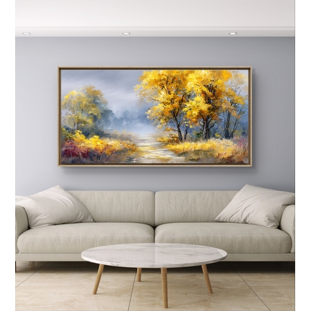 תמונת קנבס של שביל סתיו עם עצים זהובים ורקע טבעי רך