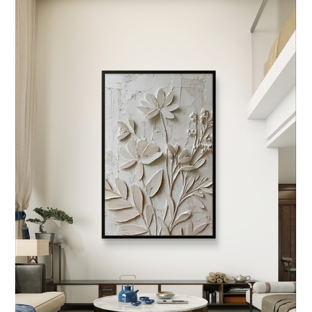 פרחי תבליט בגווני שמנת – תמונת קנבס טקסטורלית אלגנטית | DX5113