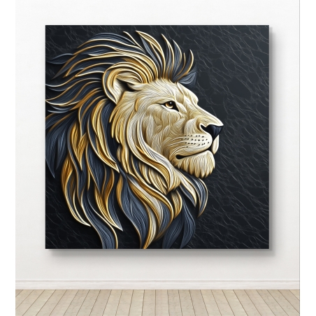 תמונת קנבס מרובעת עם אריה בעיצוב אומנותי, רעמת זהב ושחור מפוארת, רקע כהה דומיננטי, יצירה אלגנטית ויוקרתית להשלמת עיצוב הקיר.