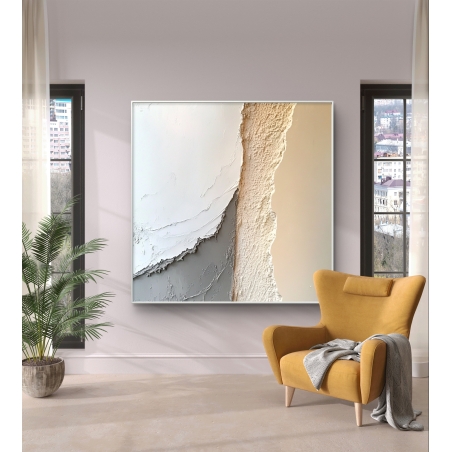 תמונת קנבס מרובעת עם טיח במרקמים שונים בגווני שמנת, אפור ובז', בעיצוב מינימליסטי מודרני.