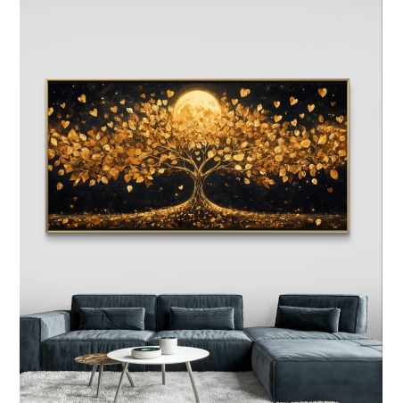 עץ מוזהב על רקע ירח מלא בלילה, תמונת קנבס לעיצוב מודרני ויוקרתי בבית.