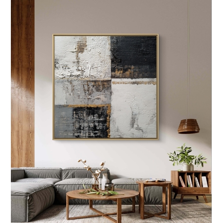 אמנות קיר מרובעת בגווני שחור לבן וזהב לעיצוב יוקרתי.