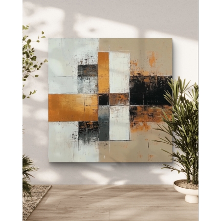 תמונת קנבס מרובעת עם עיצוב מופשט של ריבועים בגווני כתום, לבן, שחור ואפור, המשלבת אלגנטיות ומודרניות לכל חלל.