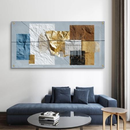 תמונת זכוכית לרוחב בעיצוב מופשט עם טקסטורות מרובעות בגווני זהב, כחול ולבן מבית תכשיט לבית.