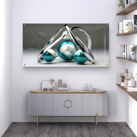תמונת זכוכית לרוחב המציגה מבנה מתכתי מופשט עם כדורים בגווני טורקיז וכסף על רקע חלק, מודפסת בגימור מבריק איכותי.