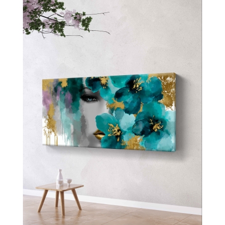 תמונת קנבס של אישה מסתורית עם פרחים בגווני טורקיז וזהב מבית תכשיט לבית
