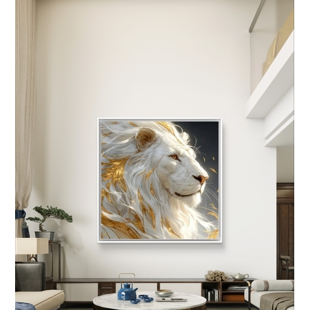 תמונת קנבס מרובעת של אריה לבן אצילי עם רעמה זהובה על רקע כהה יוקרתי