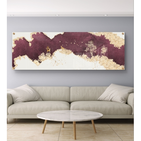 תמונת זכוכית פנורמית עם גווני בורדו וזהב, עצים ואיילים על רקע אומנותי בהיר – הדפסה איכותית חלקה ומבריקה.