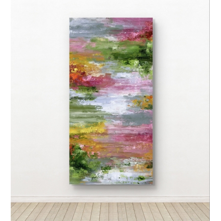 תמונת קנבס לאורך בסגנון מופשט צבעוני עם שילוב גוונים ירוקים, ורודים וצהובים – יצירה איכותית מבית תכשיט לבית