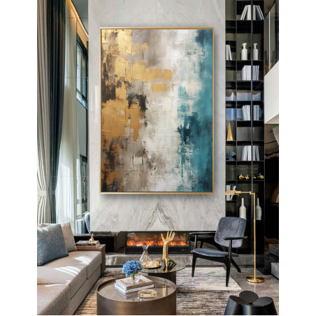 תמונה לסלון או למשרד אבסטרקט גוונים של טורקיז וזהב מודפסת על קנבס דגם 752023