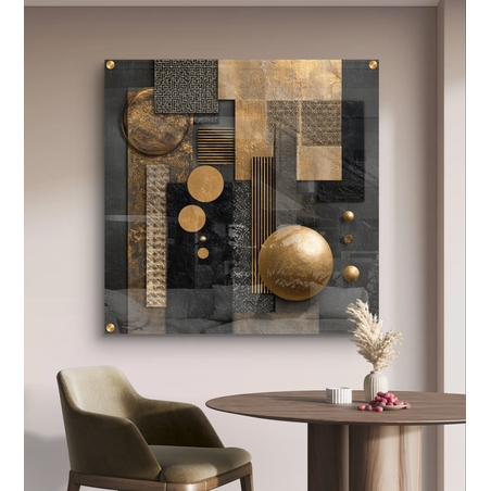 תמונת זכוכית מרובעת בעיצוב אבסטרקט גאומטרי בגווני שחור וזהב עם אלמנטים עגולים ומלבניים