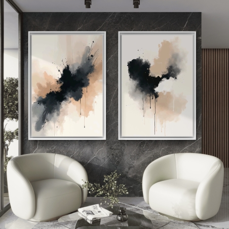זוג תמונות קנבס אבסטרקטיות בגווני שחור ובז', עיצוב אמנותי ומודרני המתאים לחללים בעיצוב מינימליסטי.