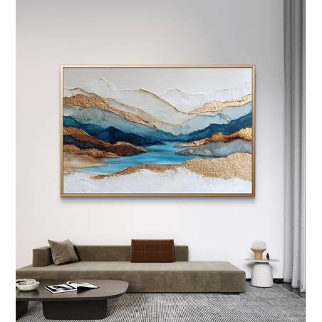 תמונת קנבס אבסטרקטית בגווני כחול ותכלת עם נגיעות זהב בעיצוב יוקרתי