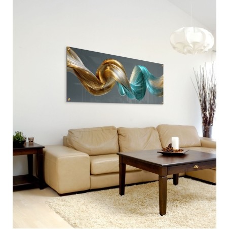 תמונת זכוכית פנורמית בעיצוב תלת־ממדי זורם בגווני זהב, כסף וטורקיז עם תחושת תנועה והרמוניה