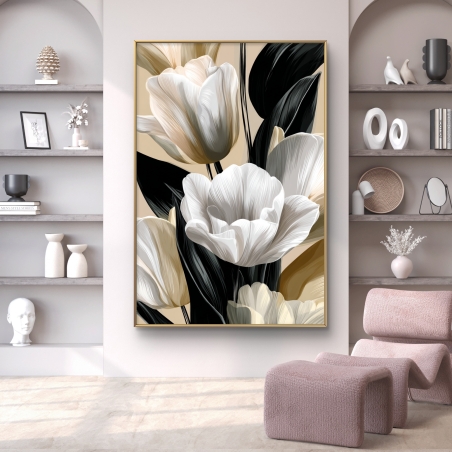 תמונת קנבס של פרחים לבנים וקרם עם עלים כהים על רקע בהיר, מודפסת בהדפסה חלקה ואיכותית בסגנון עכשווי.