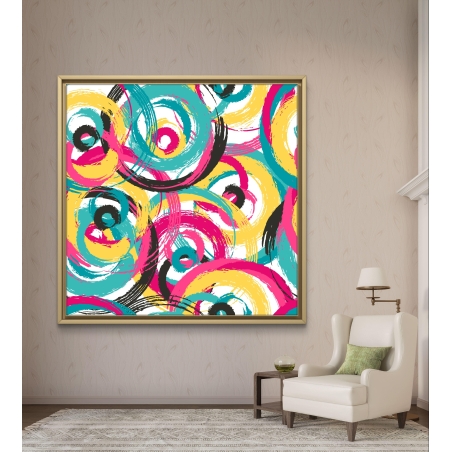 תמונת קנבס מרובעת עם קומפוזיציה מופשטת של עיגולים בצבעים ורוד, טורקיז, צהוב ושחור – הדפסה חלקה איכותית מבית תכשיט לבית