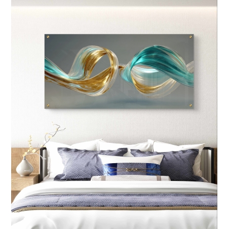 תמונת זכוכית בעיצוב מודרני של גלים בצבעי זהב ותכלת מבית תכשיט לבית