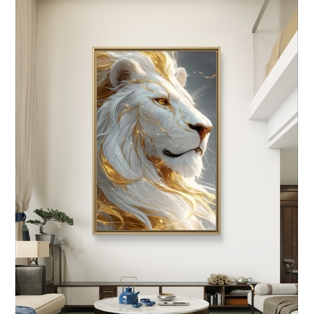 תמונת קנבס של אריה לבן עם נגיעות זהב בעיצוב יוקרתי, שקט ועוצמתי לבית
