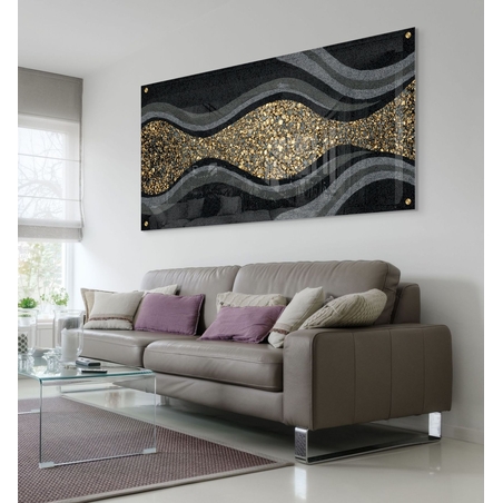 תמונת זכוכית רוחבית בגווני שחור ואפור עם מסלול אבני זהב מעוצב – תכשיט לבית