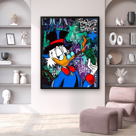 תמונת קנבס בסגנון גרפיטי צבעוני עם דונלד דאק מחזיק שטר בוער – NEXTGEN BY BAR
