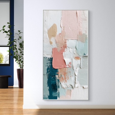 תמונת קנבס מופשטת לאורך בגווני ורוד עתיק, בז', לבן וטורקיז כהה עם טקסטורה עשירה – מבית תכשיט לבית.