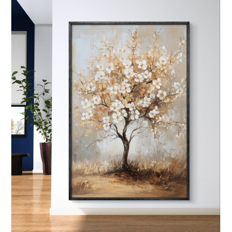 תמונת קנבס של עץ פורח עם פרחים לבנים ונגיעות זהב, על רקע עדין בגווני שמנת וחום, מתאימה לעיצוב סלון, חדר שינה או משרד בסגנון קלאסי ומרגיע.