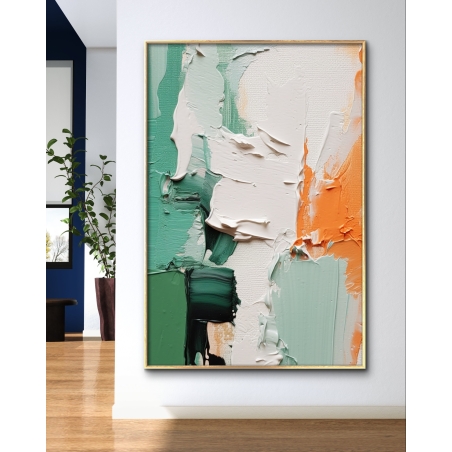תמונת קנבס סגנון אבסטרקט מריחות צבע גוונים ירוק לבן וכתום דגם - B20121