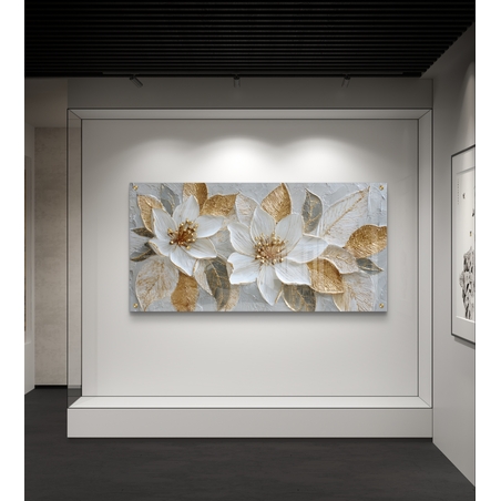 תמונת זכוכית לרוחב של שני פרחים בלבן וזהב בעיצוב אומנותי יוקרתי עם הדפסה חלקה ללא תבליט