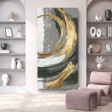 תמונת קנבס לאורך בעיצוב מופשט עם קווים מעגליים בגווני אפור ושחור בשילוב נגיעות זהב מבריקות – מבית תכשיט לבית.