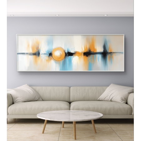 תמונת קנבס פנורמית בגווני זהב, תכלת ושחור עם עיגול מרכזי בסגנון מופשט, מתוך קולקציית תכשיט לבית