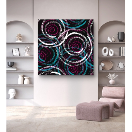 תמונת קנבס מרובעת עם עיצוב גרפי של מעגלים בצבעי טורקיז, פוקסיה ולבן על רקע שחור – הדפסה חלקה ואיכותית מבית תכשיט לבית