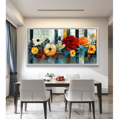 תמונת קנבס לרוחב עם פרחים צבעוניים בגווני אדום, כתום ושמנת על רקע מודרני בגווני כחול וזהב.