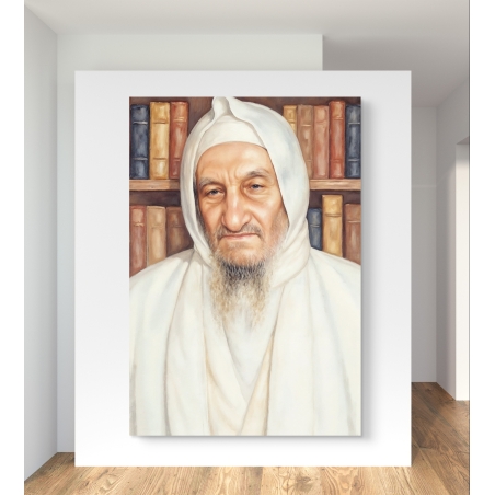תמונת קנבס של הבבא סאלי עם רקע של ספרי תורה, המסמלת קדושה ורוחניות, לעיצוב ייחודי ומלא השראה בבית.