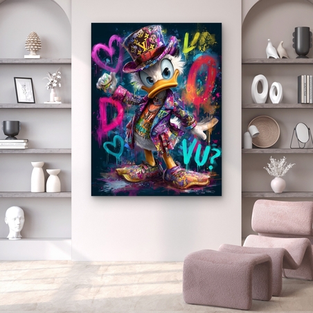 תמונת קנבס צבעונית בסגנון גרפיטי אורבני עם דמות מאוירת וצבעים עזים לעיצוב מודרני לבית