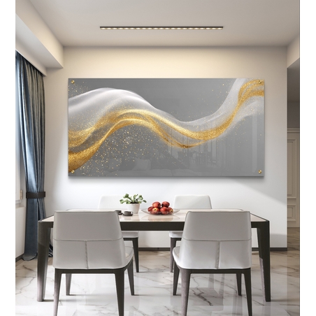 תמונת זכוכית לרוחב עם גל אבסטרקטי בגווני אפור וזהב בעיצוב יוקרתי