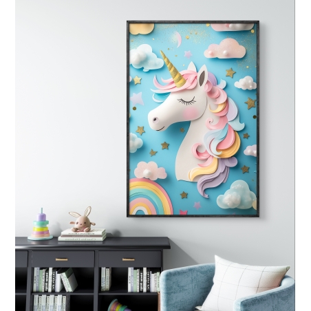 תמונת קנבס לילדים המציגה חד-קרן קסום בצבעים פסטליים, עם רקע של כוכבים, עננים וקשת צבעונית, המיועדת להוסיף יופי וחלום לחדר הילדים.
