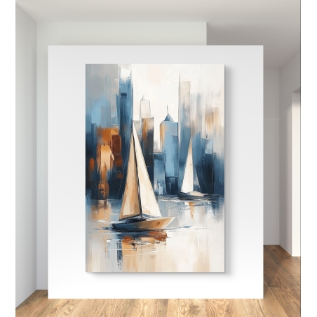 תמונת קנבס של שתי מפרשיות ששטות מול רקע עירוני בגוונים של כחול, כתום ולבן, על רקע מופשט של בניינים.