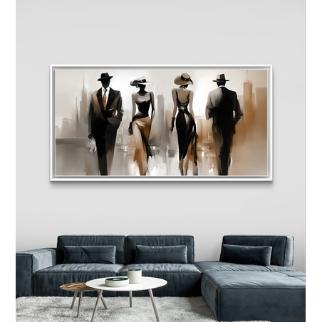 תמונת קנבס לרוחב עם דמויות אופנתיות בגווני שחור ובז׳ בסגנון עירוני אלגנטי, בהדפסה חלקה לעיצוב מודרני ויוקרתי.