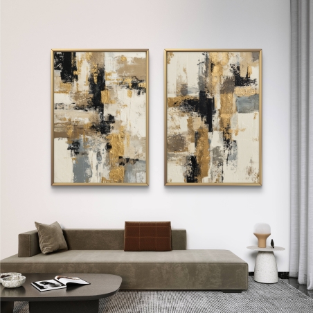 זוג תמונות קנבס מופשטות בגווני זהב, שחור ואפור בעיצוב מודרני ואלגנטי מבית תכשיט לבית