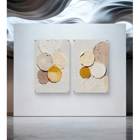 תמונת זכוכית זוגית בעיצוב אבסטרקטי מינימליסטי עם עיגולים בגווני שמנת, בז’ וחרדל, הדפסה חלקה וללא תבליט