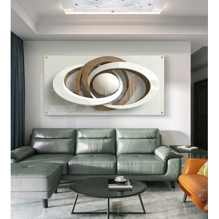 תמונת זכוכית לרוחב עם עיצוב אבסטרקטי של מעגלים חופפים וכדור מרכזי בגווני לבן וחום, בהדפסה חלקה