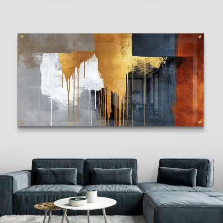 תמונת זכוכית לרוחב המציגה אומנות מופשטת בגווני זהב, כחול וכתום עם קווים מטפטפים להוספת עומק וייחודיות לחלל הבית.