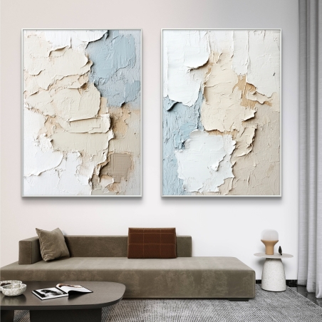זוג תמונות קנבס עם טקסטורה בגווני שמנת, בז' ותכלת עדין, עיצוב אלגנטי ומודרני לבית.